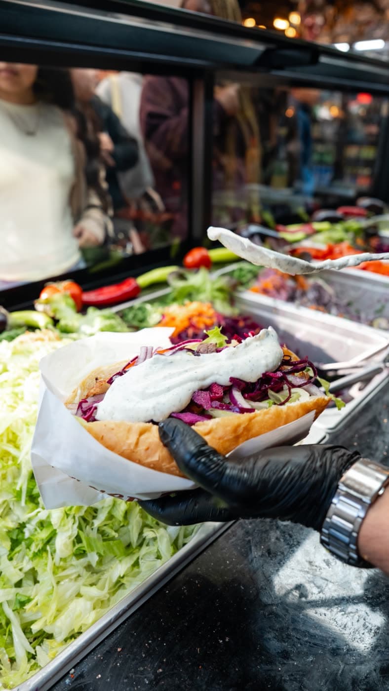 Fertig belegter Döner mit Sauce, über der Salattheke gehalten